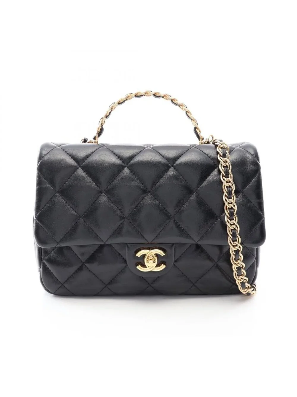 Chanel Shoulder Bag Quilted Top Handle Black Lambskin Top 2-Way Chain